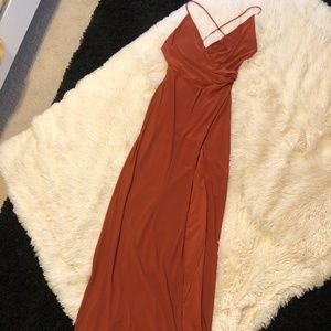 Burnt Orange Floor Length V Neck Dress with Slit
